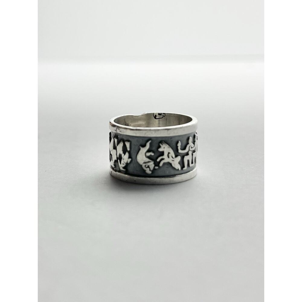 1960s Mayan Astrology Zodiac Oxidized .925 Silver Band Ring, Size 7.5 Mexico - Picture 3 of 8